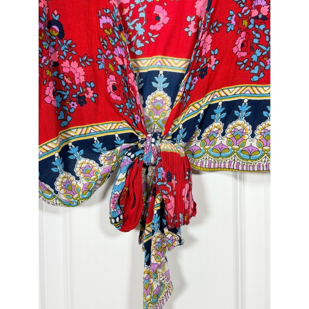 Patrons of Peace Red Floral Tie Front Crop Top Boho Mixed Print Blouse Medium - Picture 2 of 6